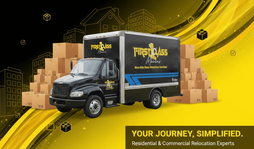 an illustration with a truck in the image for first class movers