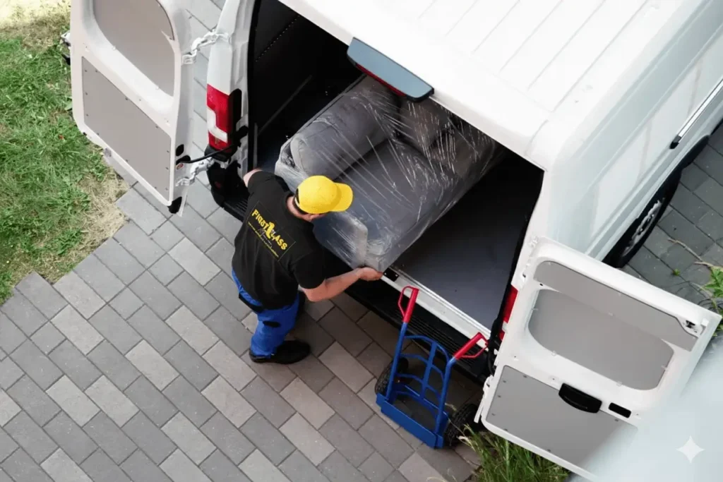 image of a mover from First class movers team of Providence, RI, putting packed goods into the truck.
